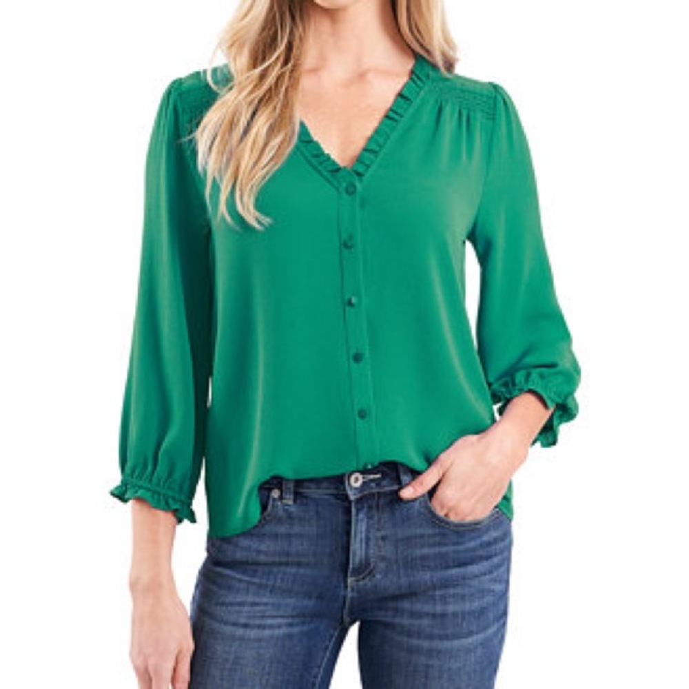 CeCe Emerald Green Ruffled Buttoned Blouse